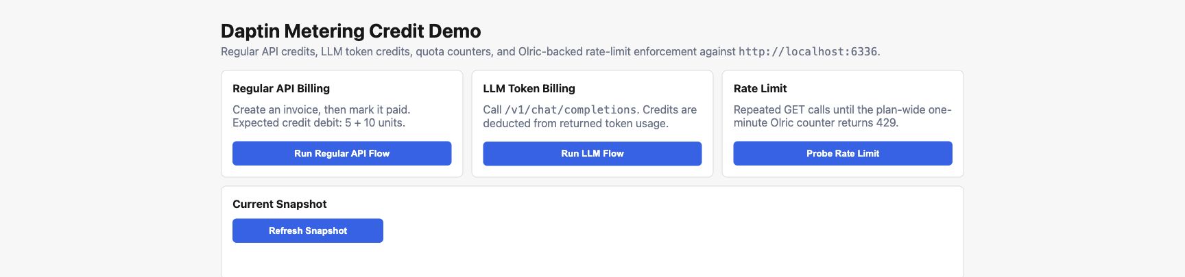 Daptin metering demo showing regular API billing, LLM token billing, rate-limit checks, and a usage snapshot
